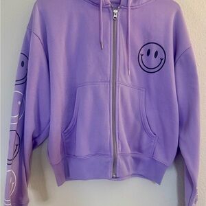 Lavender Smiley Face Cropped Zip Hoodie Fleece Jacket Size M